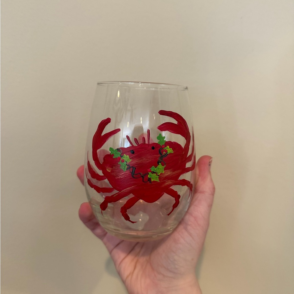 Hand-Painted Red Crab Stemless Wine Glass